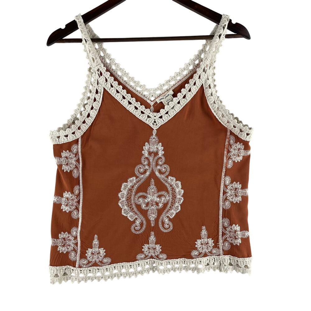 Ultra Pink Womens Crochet Trim Embroidered Tank L Rust Terracotta Boho